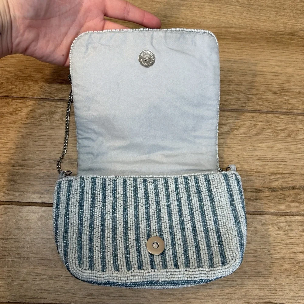 Viral Hand Beaded Beach Umbrella Shoulder Bag Chain Strap Blue Chevron Purse